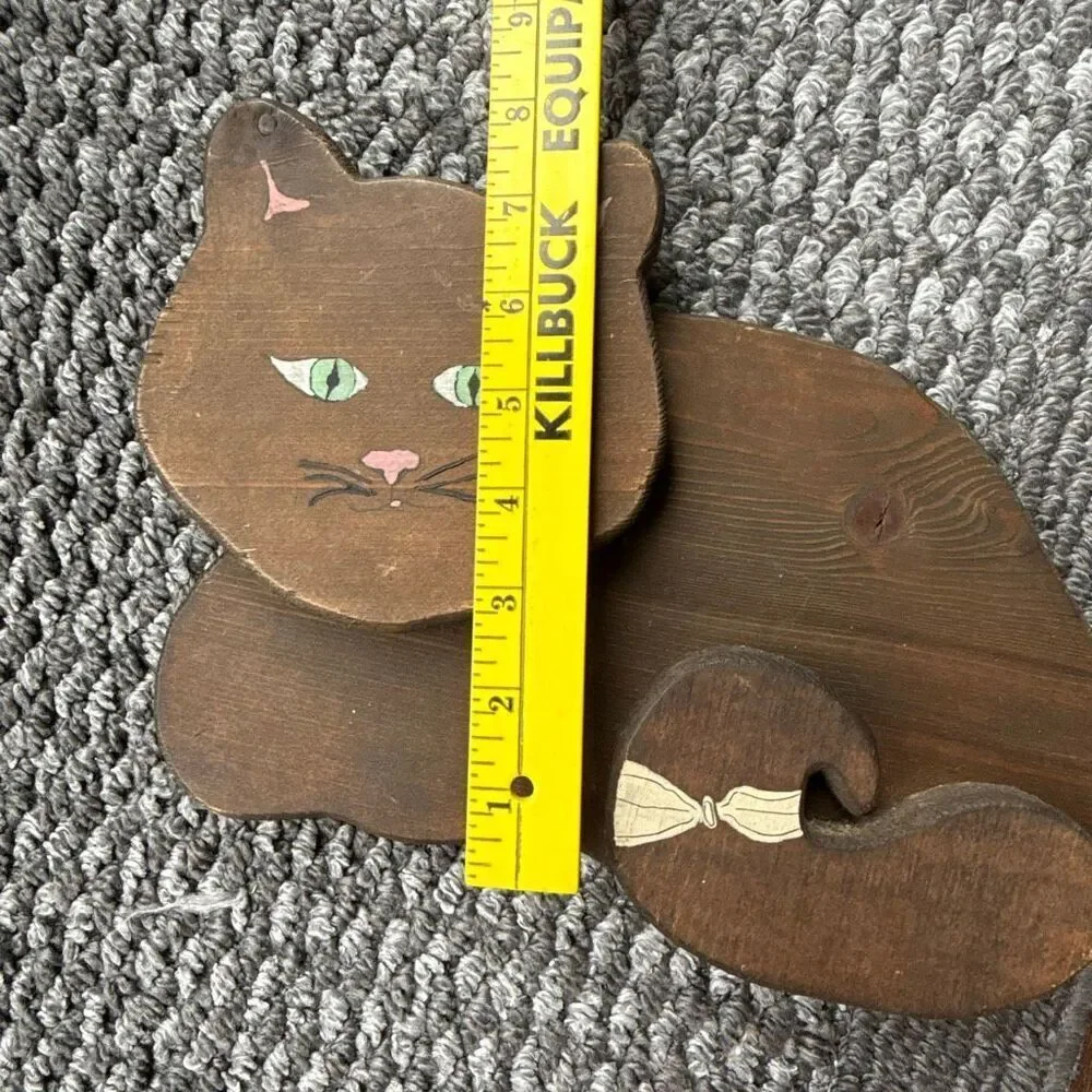 Vintage Wooden cat handmade and painted brown 11 inches folk art kitschy crazy c